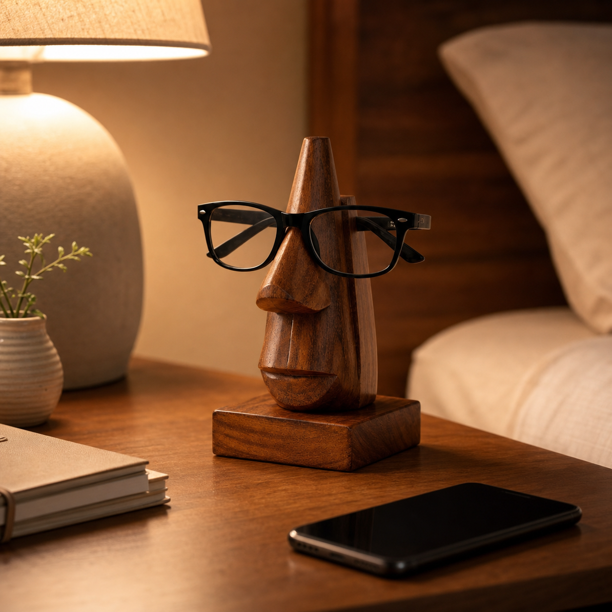 Parke on a bedside table beside a lamp and book