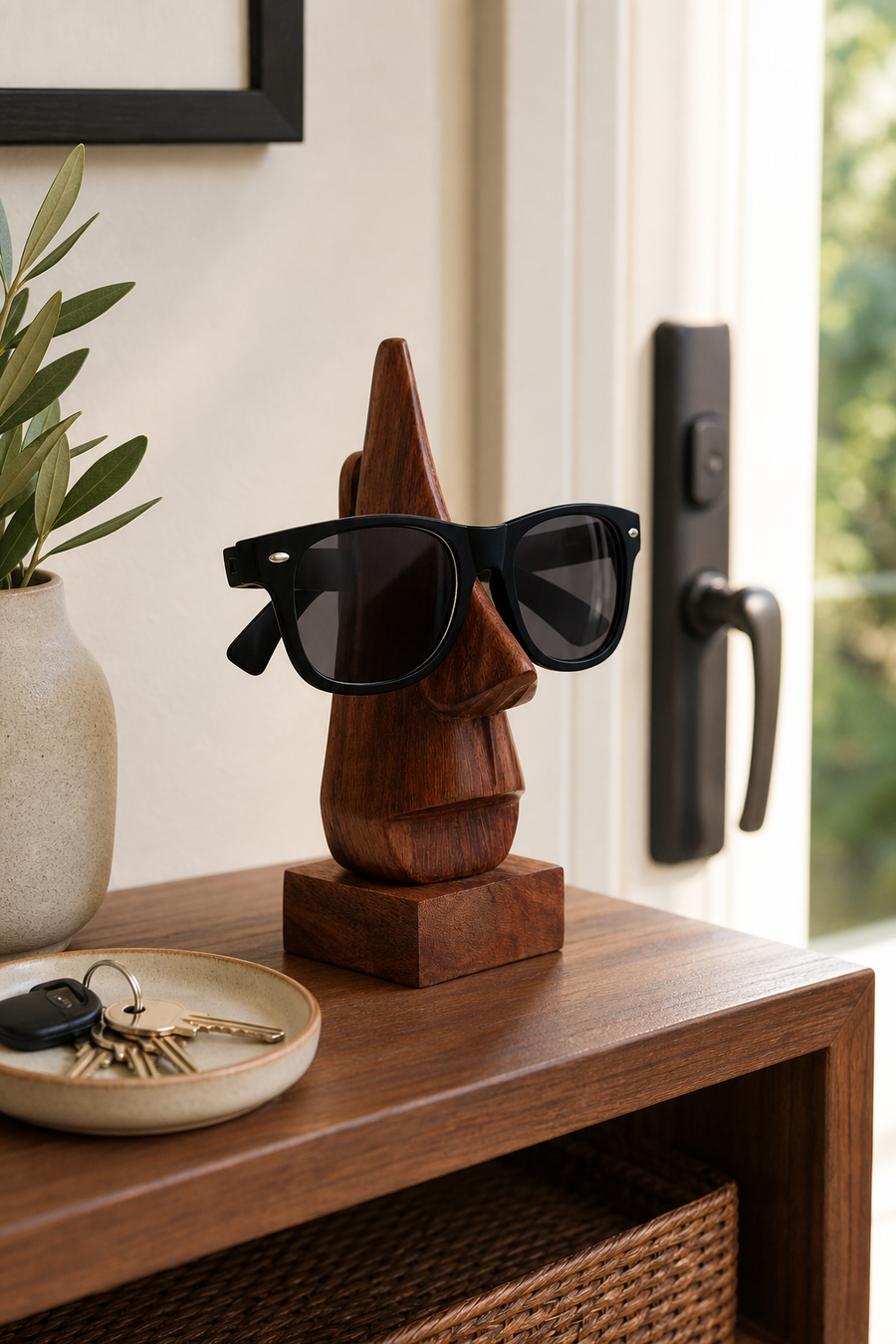 Parke holding sunglasses on an entry shelf