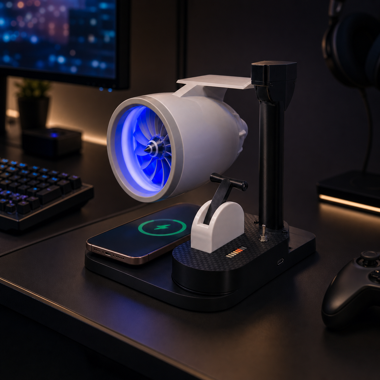 Close view of the JetDock controls and carbon-textured base
