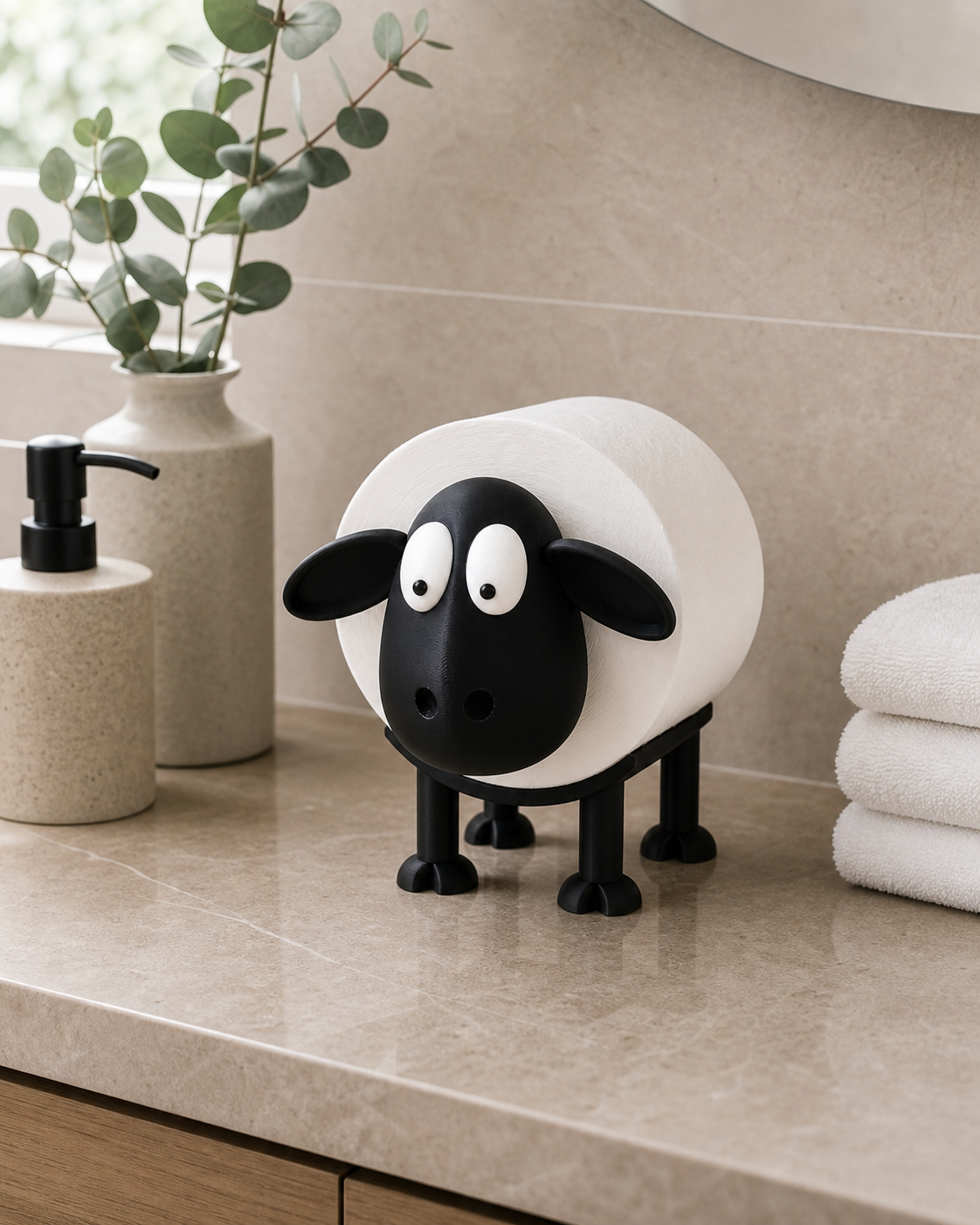 Wooly on a guest-bath shelf beside folded towels