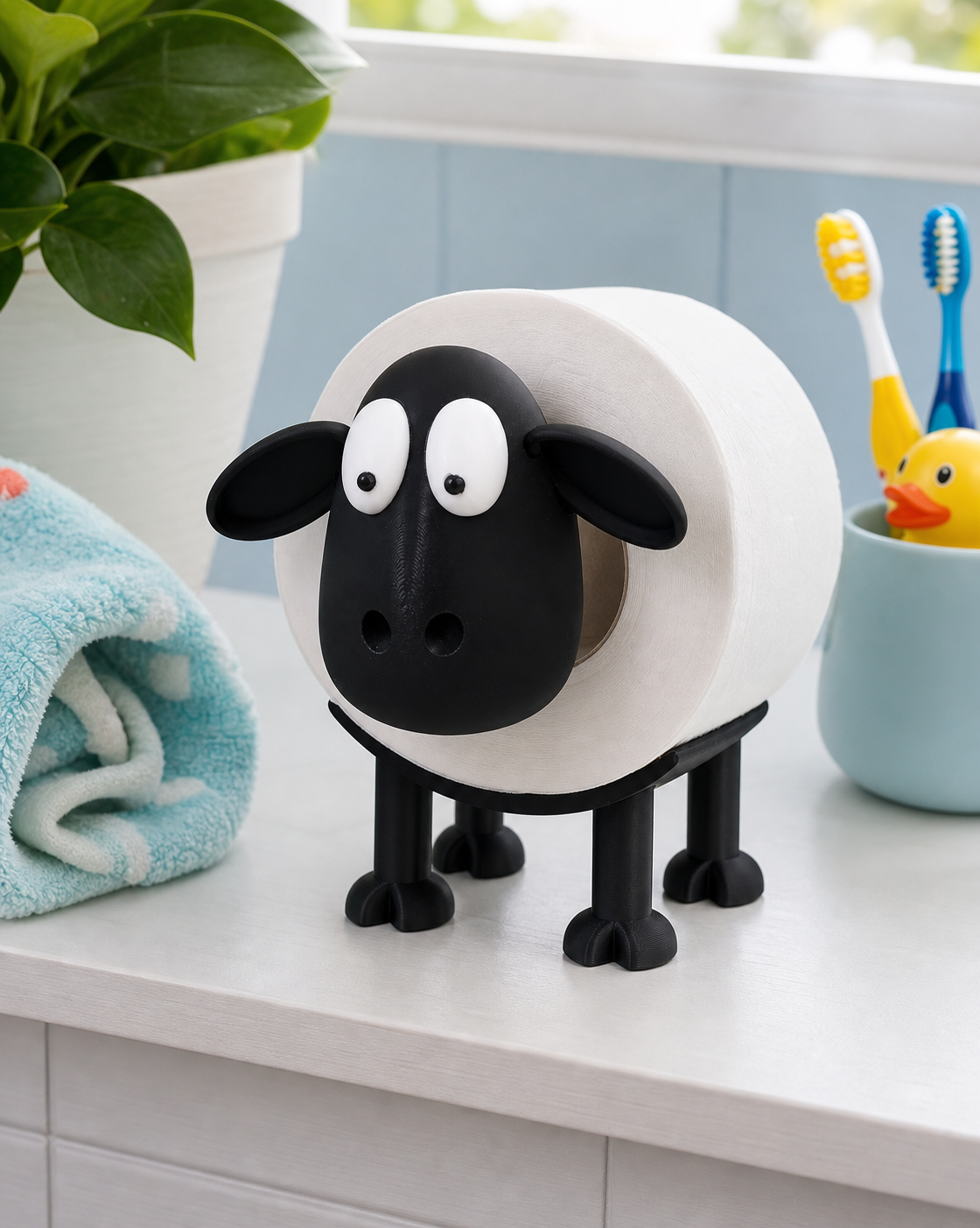 Wooly in a bright kids' bathroom