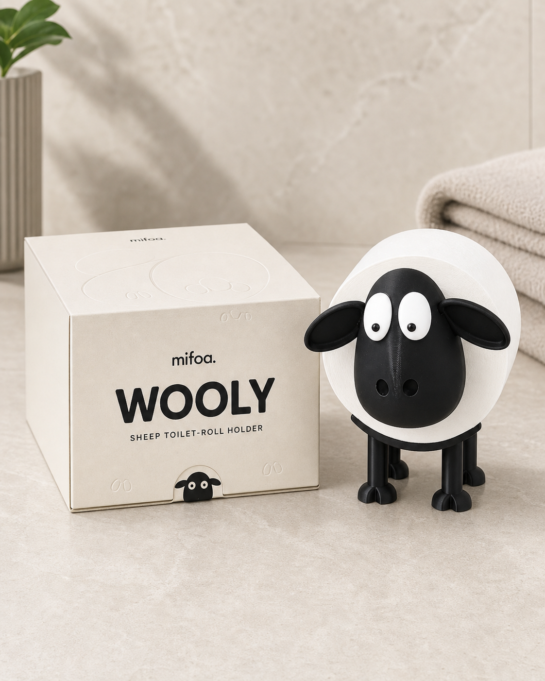 Wooly packaging beside the assembled toilet-roll holder