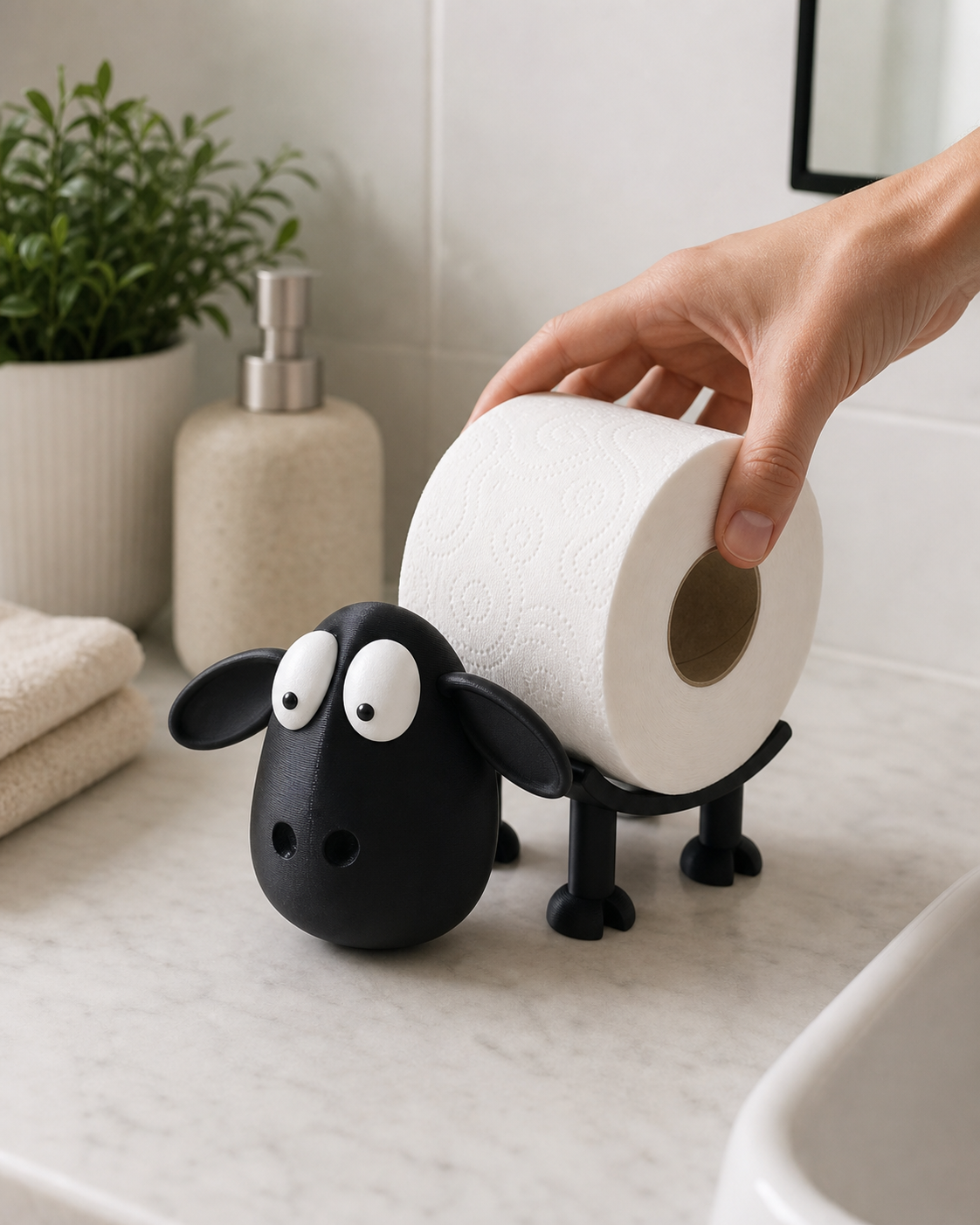 A hand loading a toilet roll onto Wooly
